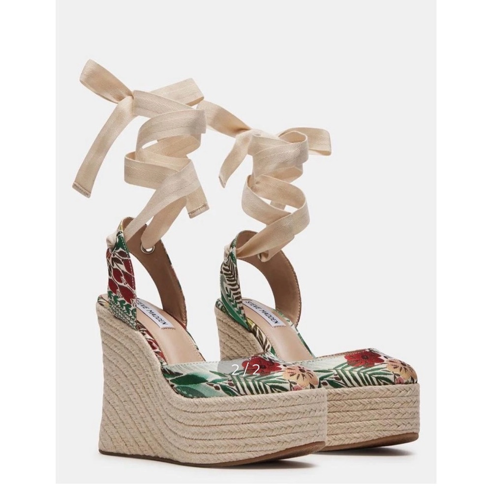 Steve Madden Floral Espadrille Wedges with Ribbon Ties never used